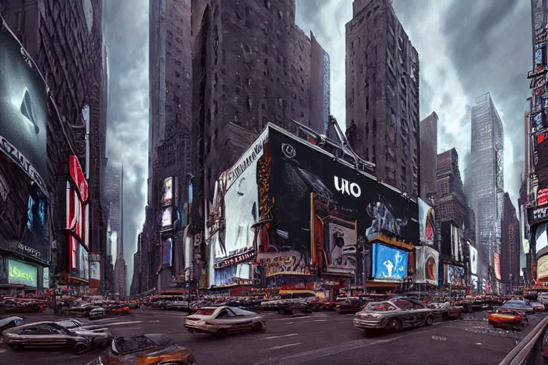 Image similar to ufo over timesquare nyc, concept art, intricate details, eerie, highly detailed, photorealistic, octane render, 8 k, unreal engine. art by greg rutkowski and james gurney and h r giger