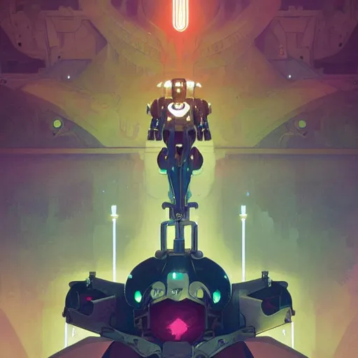 Image similar to occult mobile suit, satanic robotic power armor by beeple, greg rutkowski and alphonse mucha