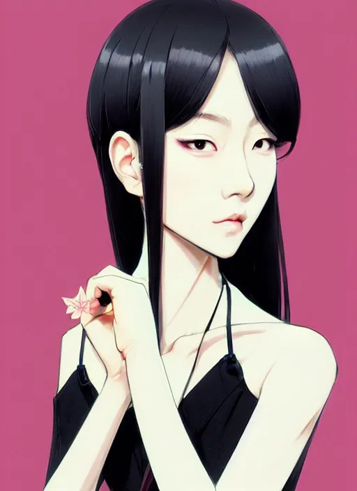 Image similar to a portrait of a young woman in japanese street fashion clothing, confident pose, intricate, elegant, sharp focus, illustration, highly detailed, concept art, matte, trending on artstation, anime, art by james jean and artgerm and brian despain and alberto mielgo, greg rutkowski, wlop, ilya kuvshinov, strong strokes