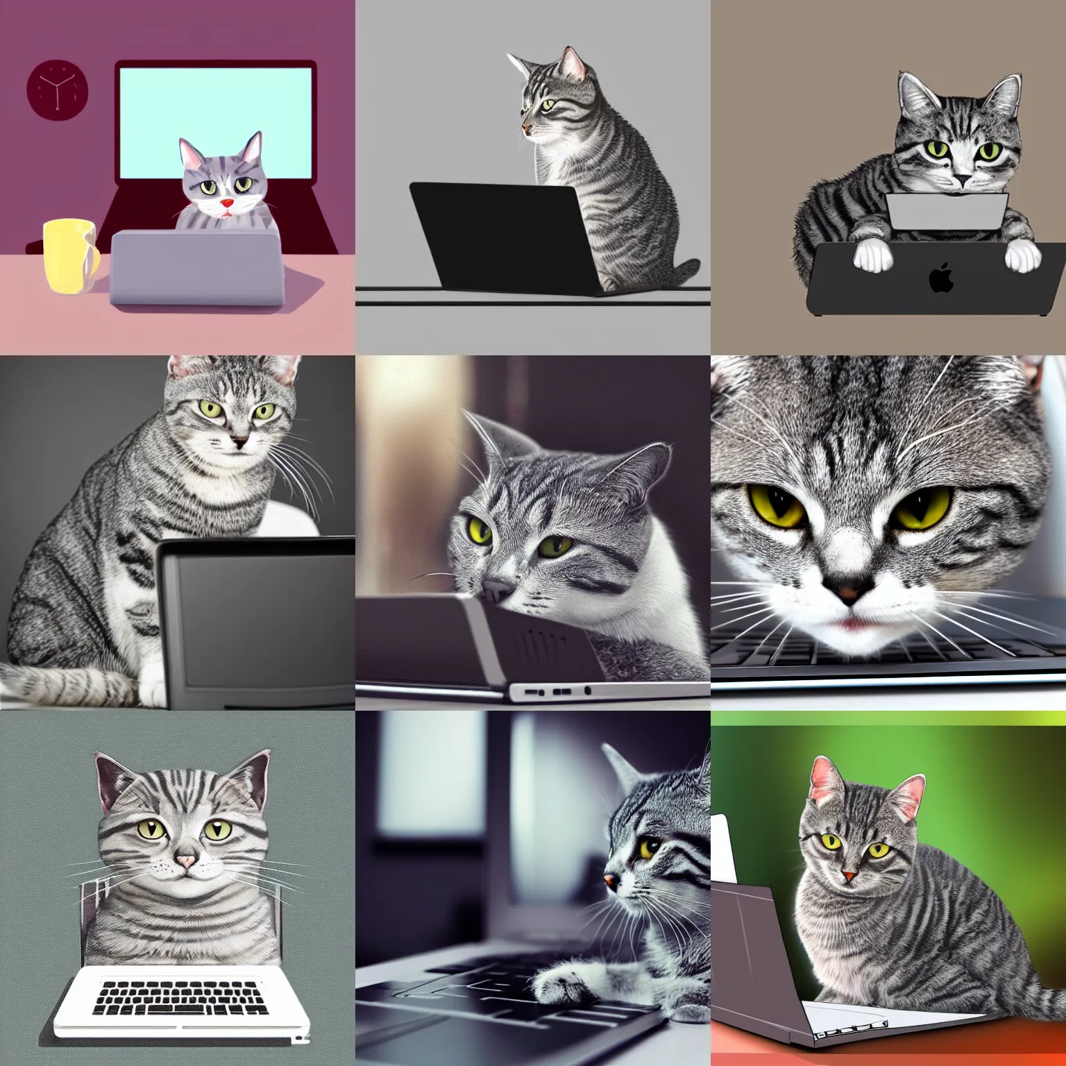 Prompt: digital art of a gray tabby cat with a white nose and neck. the cat is sitting on a laptop. trending on artstation.