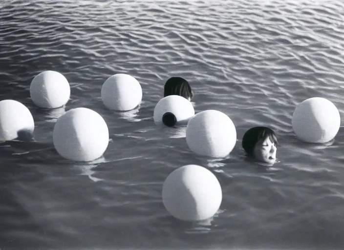 Image similar to realistic photo of a group of common girls in white tights, wearing white spherical helmets, spherical hats, in a big pool with dark black oil water, in a center of the pool with grey black mercury oil water, the sky is grey 2 0 0 0, life magazine photo,