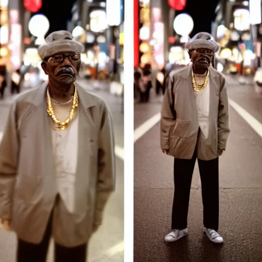 Image similar to old black man in tokyo at night, wearing gold chain, gold rings, cinestill 8 0 0,