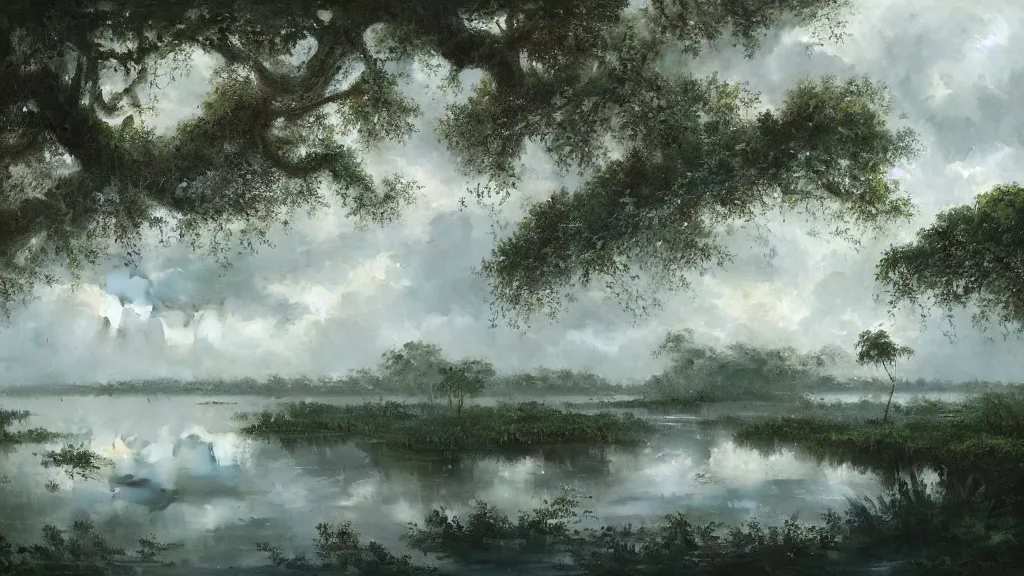 Prompt: Mangrove swamp made of clouds with lots of very very cloud shaped leaves, A beautiful, highly detailed, masterpiece, oil painting by Greg Rutkowski.