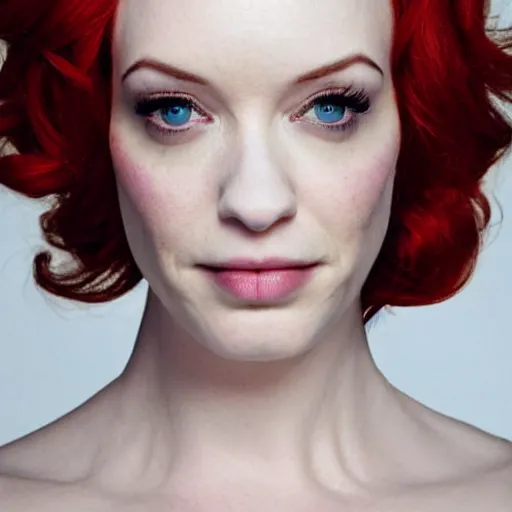 Image similar to symmetry!! christina hendricks!!! full frontal body photography of christina hendricks in cosplay, blushing, perfect facial symmetry, dim volumetric cinematic lighting, 8 k, post - processing, extremely hyper - detailed, intricate, epic composition, masterpiece, stunning,