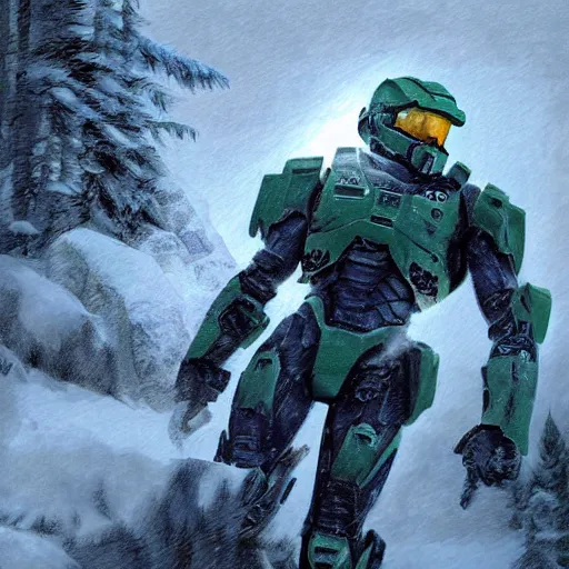 Image similar to master chief on a snowy hill,digital art,realistic,detailed,art by zemotion,trending on deviantart