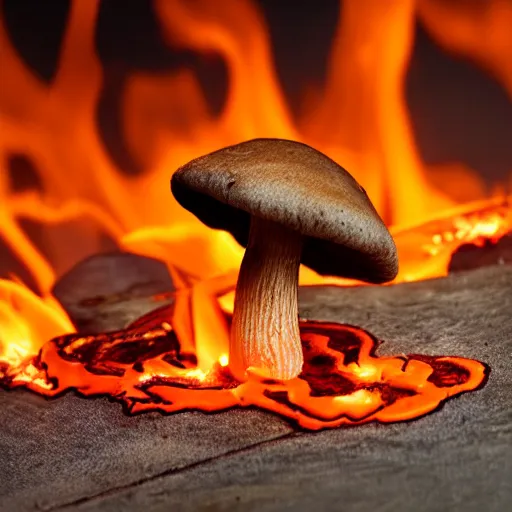 Prompt: a mushroom made out of fire, melting, dripping, gooey, swirling flames