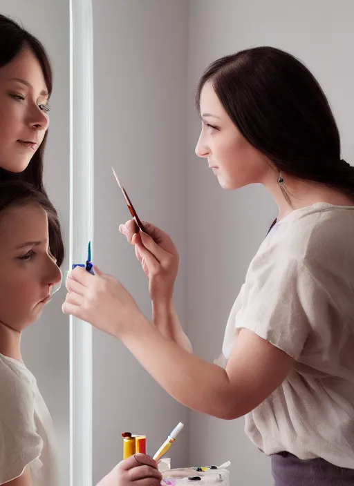 Prompt: a beautiful detailed photo of a girl painting an older girl in the mirror, realistic, f 8, 4 k hd wallpaper