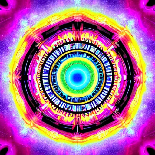 Prompt: cyberpunk neon colored blackhole mandala eye art, galaxy lineart, symetrical mandala art