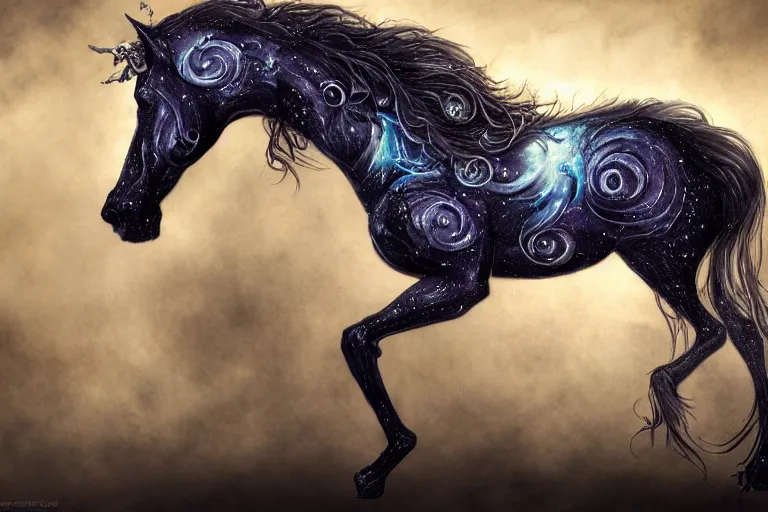 Image similar to a wlop 3 d render of very very very very highly detailed beautiful mystic portrait of a phantom undead horse with whirling galaxy around, tattoos by anton pieck, intricate, extremely detailed, digital painting, artstation, concept art, smooth, sharp focus, illustration, intimidating lighting, golden details, incredible art,