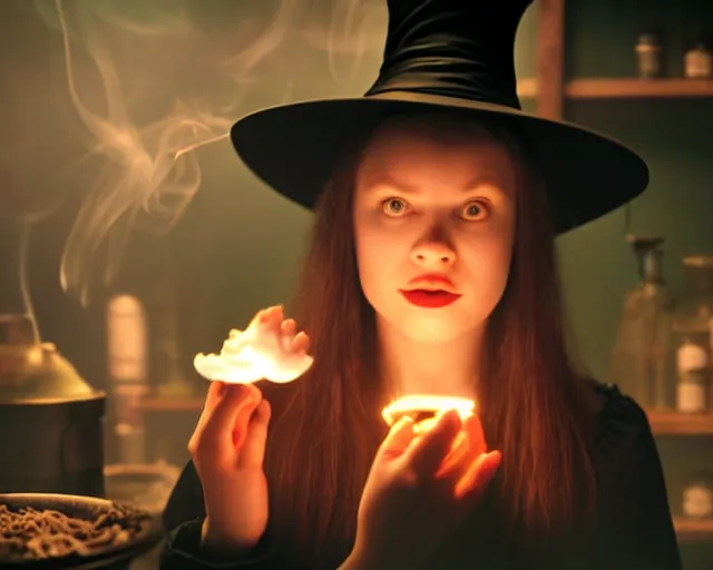 Prompt: close up portrait, dramatic lighting, calm confident teen witch and her cat mixing a spell in a cauldron, a little smoke fills the air, a witch hat, cinematic, a little green smoke is coming out of the cauldron, ingredients on the table, apothecary shelves in the background, still from nickelodeon show are you afraid of the dark?