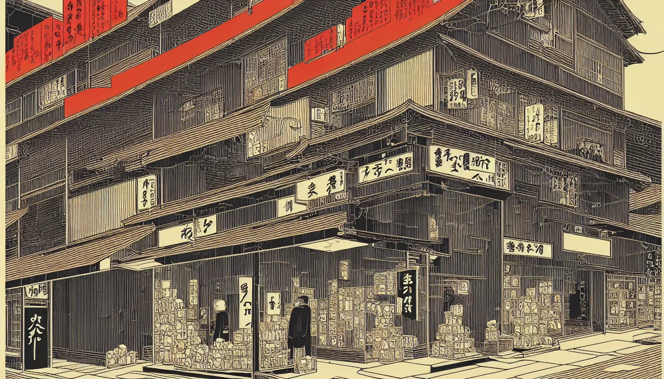 Image similar to old japanese shops by dan mumford and peter doig and edward hopper, symmetrical, minimal, black ink, thick lines highly detailed, muted colours 8 k