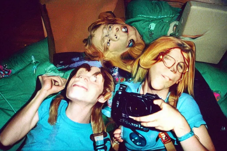 Prompt: a funny unexpected photo made with a disposable camera of Link and Zelda totally wasted in my livingroom, in color
