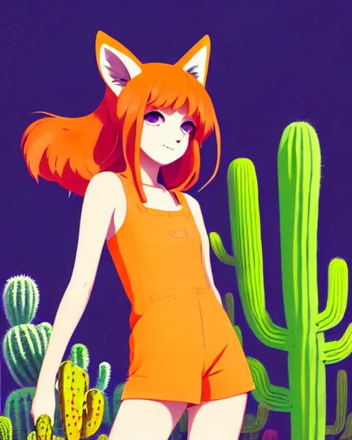 Image similar to portrait of cute redhead foxgirl in orange jumpsuit with fox ears by ilya kuvshinov, holding a cactus, cloudy sky background lush landscape illustration concept art anime key visual trending pixiv fanbox by wlop and greg rutkowski and makoto shinkai and studio ghibli