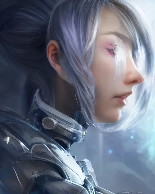 Prompt: detailed portrait of perfect android girl, warframe armor, beautiful face, scifi, futuristic, space station, laboratory, song hye - kyo, dreamy, long white hair, blue cyborg eyes, cinematic lighting, innocent, highly detailed, sharp focus, smooth, artstation, intricate, award winning, pure aura, divine, by akihiko yoshida