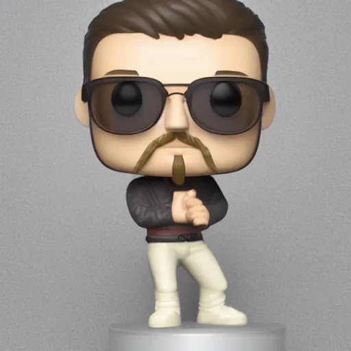 Prompt: a funko pop of german young man with brownish hair, short goatee and round light grey glasses in its box, the box says ultrablurrart