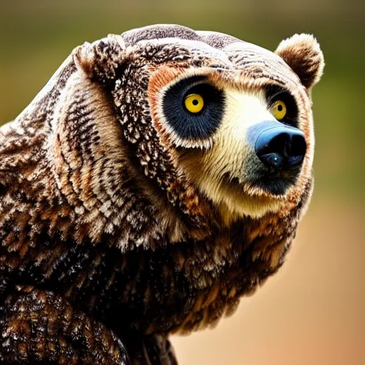 Image similar to a bear with a head of an owl, 8k, ultrarealistic, professional photography