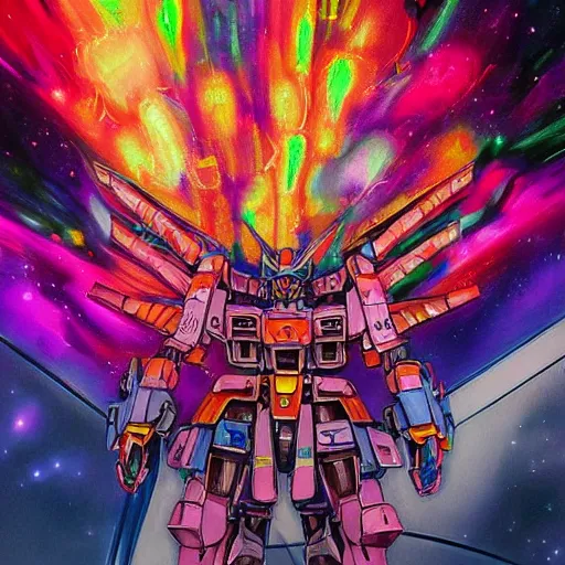 Image similar to An extremely Gundam psychedelic experience, colorful, surreal, mecha, robot, LSD, face, jet turbine, tarot, detailed, intricate, elegant, highly detailed, super detailed, insane detailed, digital painting, concept art, smooth, sharp focus, illustration, art by Krenz Cushar, Marco Plouffe, dan mumford, Artem Demura and alphonse mucha