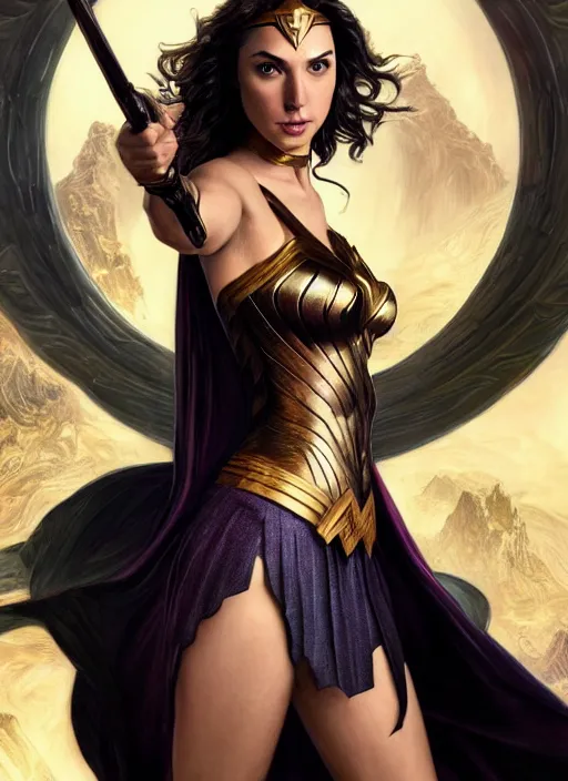 Image similar to Gal Gadot as Hell Lord, full body shot, epic, fantasy, intricate, elegant, volumetric lighting, highly detailed, digital painting, 4k, HDR, concept art, smooth, sharp focus, illustration, art by artgerm and alex ross and alphonse mucha
