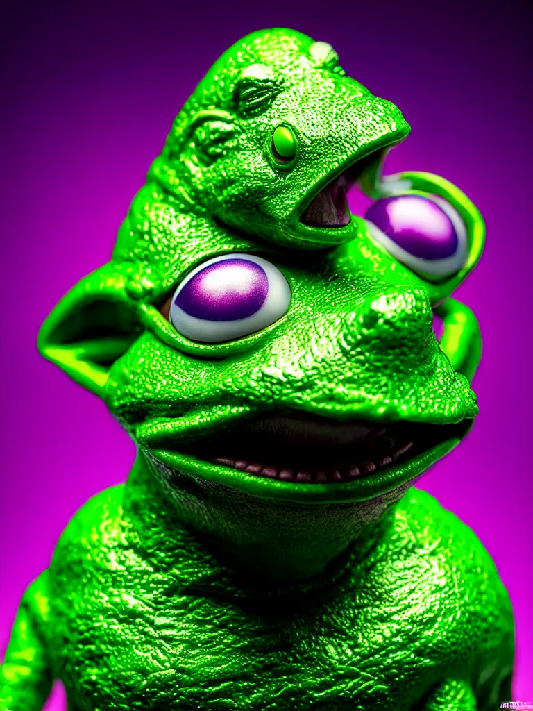 Image similar to hyperrealistic rendering, shiny wet kermit by art of skinner and richard corben and jeff easley, product photography, action figure, sofubi, studio lighting, colored gels, rimlight, backlight