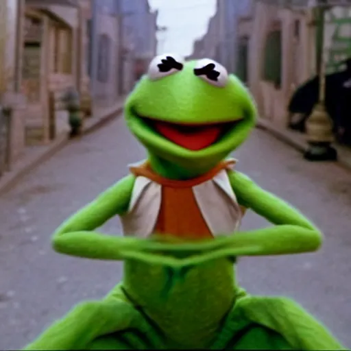 Prompt: kermit the frog in the anime spirited away