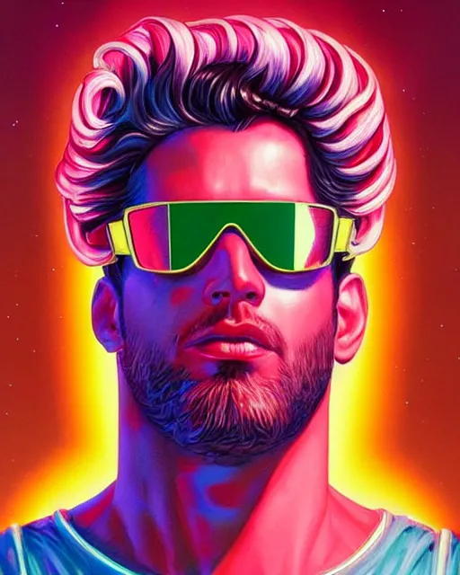 Prompt: synthwave outrun art - deco colorful portrait of glamor greek god zeus | wearing sunglasses and a laurel wreath | highly detailed | very intricate | symmetrical | professional model | cinematic lighting | award - winning | painted by donato giancola and mandy jurgens and charlie bowater | bold colors, anime aesthestic, 8 0 s nostalgia | featured on artstation