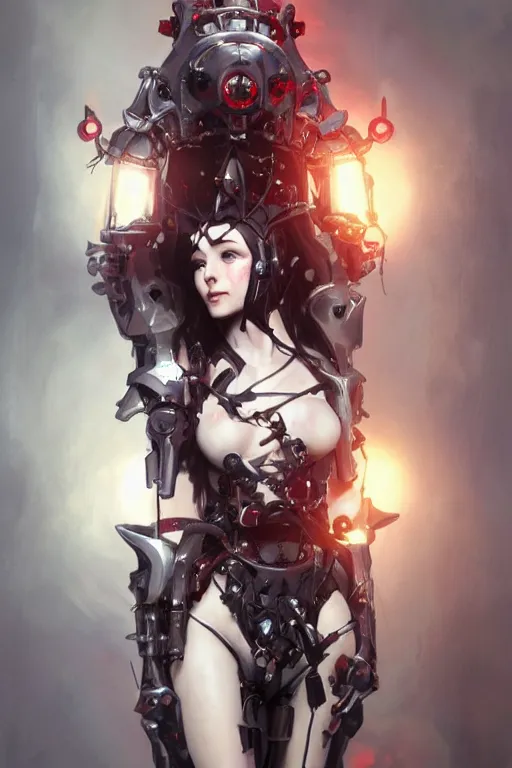 Prompt: Portrait of beautiful pale smiling anime cyborg gothic maiden in bikini armor with crown of thorns and glowing red eyes, steampunc, Warhammer 40000, digital art from artstation by Ruan Jia and Mandy Jurgens and Artgerm and william-adolphe bouguereau