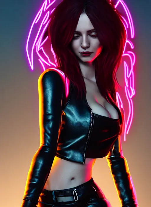 Image similar to pretty young woman with shoulder length shiny shimmering dark red hair and wearing a stuffed leather jacket with neon, path traced, highly detailed, high quality, digital painting, by cd projekt red, cyberpunk,