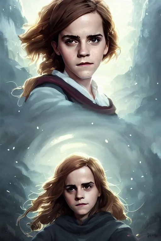 Image similar to Poster artwork, Emma Watson as Hermione Granger, wearing hogwarts robes, magnificent, medium shot, close up, details, sharp focus, elegant, highly detailed, illustration, by Jordan Grimmer and greg rutkowski and PiNe(パイネ) and 薯子Imoko and 香川悠作 and wlop!! and maya takamura, intricate, beautiful, Trending artstation, pixiv, digital Art