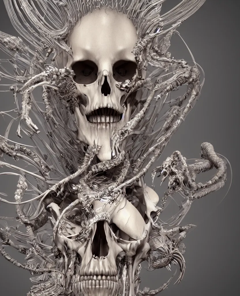 Prompt: close-up macro portrait of the face of a beautiful princess with animal skull mask and ribcage, skeleton epic angle and pose, symmetrical artwork, 3d with depth of field, blurred background, cybernetic jellyfish female face skull phoenix bird, translucent, nautilus, energy flows of water and fire. a highly detailed epic cinematic concept art CG render. made in Maya, Blender and Photoshop, octane render, excellent composition, cinematic dystopian brutalist atmosphere, dynamic dramatic cinematic lighting, aesthetic, very inspirational, arthouse. y Greg Rutkowski, Ilya Kuvshinov, WLOP, Stanley Artgerm Lau, Ruan Jia and Fenghua Zhong