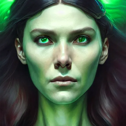 Image similar to portrait painting of wanda maximoff with green skin and pointy ears wearing sci - fi clothes as a skrull, ultra realistic, concept art, intricate details, eerie, highly detailed, photorealistic, octane render, 8 k, unreal engine. art by artgerm and greg rutkowski and charlie bowater and magali villeneuve and alphonse mucha