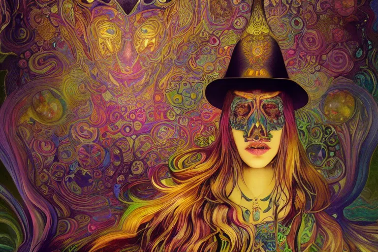 Image similar to An extremely psychedelic celestial undertaker in his black fedora hat, colorful, surreal, dramatic lighting, magic mushrooms, psilocybin, LSD, face, detailed, intricate, elegant, highly detailed, digital painting, artstation, concept art, smooth, sharp focus, illustration, art by Krenz Cushart and Artem Demura and alphonse mucha