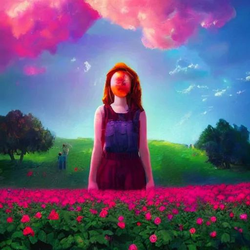 Image similar to large rose in front of face, girl frontal in a flower field, surreal photography, sunrise dramatic light, impressionist painting, colorful clouds, digital painting, artstation, simon stalenhag