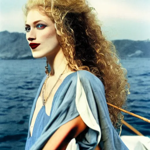 Prompt: a beautiful english woman with a long face narrow nose pale skin blue eyes red lips and wild messy tangles of curly white blonde hair leaning over the side of a sailing ship and throwing up, high resolution film still wearing a black robe and skull necklace and holding a spear, sandy, a journey to the west