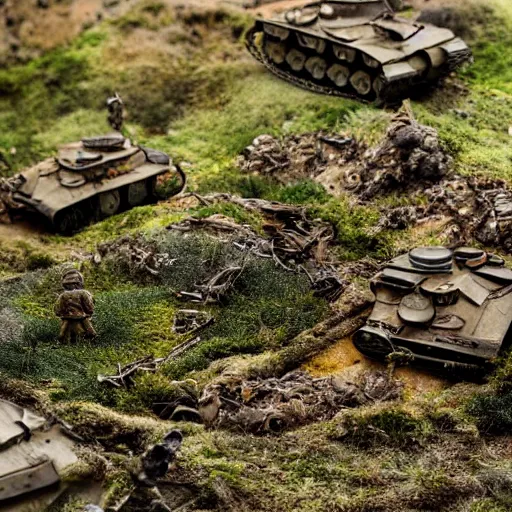 Image similar to photograph of a diorama of a battlefield, tanks and trenches, ruins, bokeh, macro photography