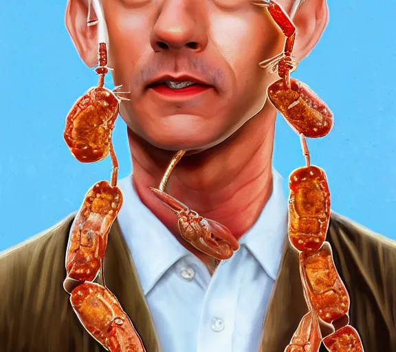 Prompt: Tom hanks as forrest gump wearing a necklace made out of shrimps around the neck, realistic face, digital art, in the style of Daniel Conway, amazing detail, artstation, long shot