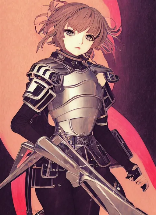 Image similar to ilya kuvshinov anime illustration knight girl in armor, last exile, murata range, fine detail, perfect anime face, dramatic lighting, dynamic composition, art deco, cel shading, vivid, rich texture, ( ( ( yoshinari yoh ) ) ), alphonse mucha, ( ( ( colorful ) ) ), gustav klimt