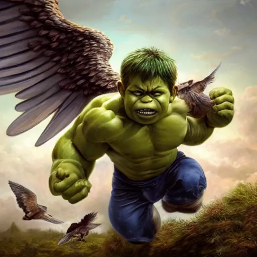 Image similar to a baby hulk with wings flying with birds, oil on canvas, portrait, intricate, 8k highly professionally detailed, HDR, CGsociety
