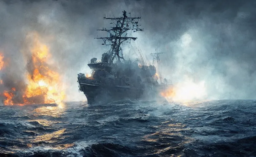 Prompt: distant cinematic shot of a burning Russian warship sinking in the middle of the ocean, concept art, сinematic lighting, insanely detailed, smooth, sharp focus, Artstation, 8k, unreal engine, hyper realistic, steampunk style, bright background, moonlight, volumetric lighting, wallpaper, digital illustration by Ruan Jia and Mandy Jurgens and Artgerm and Wayne Barlowe and Greg Rutkowski and Zdislav Beksinski