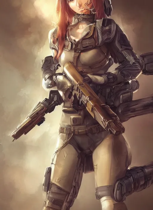 Image similar to of a beautiful sniper girl in war, with futuristic gear and helmet, portrait by nina masic and ross tran and miho hirano, detailed, epic video game art, warm color tone