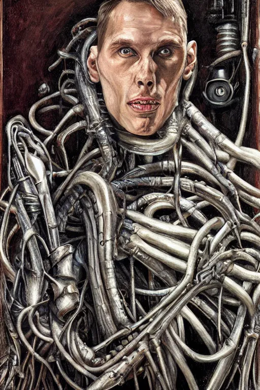 Image similar to portrait of streamer jerma 9 8 5!!, jeremy elbertson, painting by h. r. giger, lovecraftian horror, strands of being, metal album cover, high detail, sharp, sus guy, human figure, permanent bond between metal and man