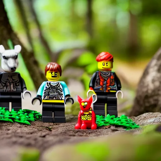 Image similar to lego mini build of forest creatures that live in the imagination forest, product photography, depth of field, cute looking, sharp focus, moebius, character sheet, game concept art