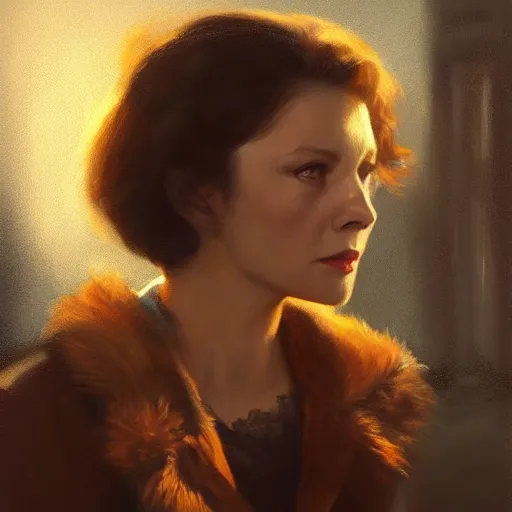 Image similar to closeup portrait of a young vivian leigh, sad face, chiaroscuro, city background, golden hour, dramatic lighting, complementary contrast, high detail, painted by greg rutkowski, painted by igor kieryluk, trending on artstation