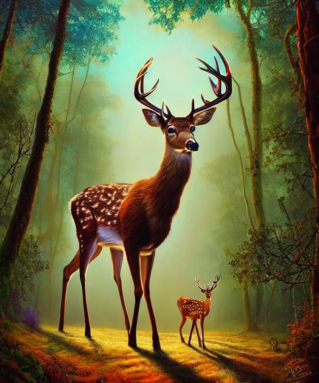 Image similar to a realistic deer, walking through a psychedelic forest, wide angle landscape shot, pixar style by tristan eaton, artgerm and tom bagshaw