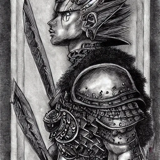 Prompt: Portrait of a warrior by Kentaro Miura