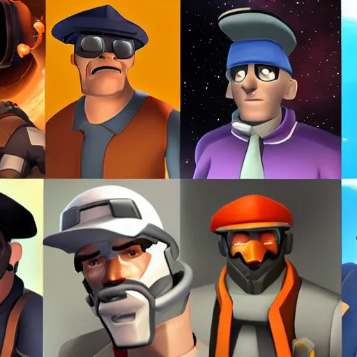 Prompt: team fortress 2 characters in space