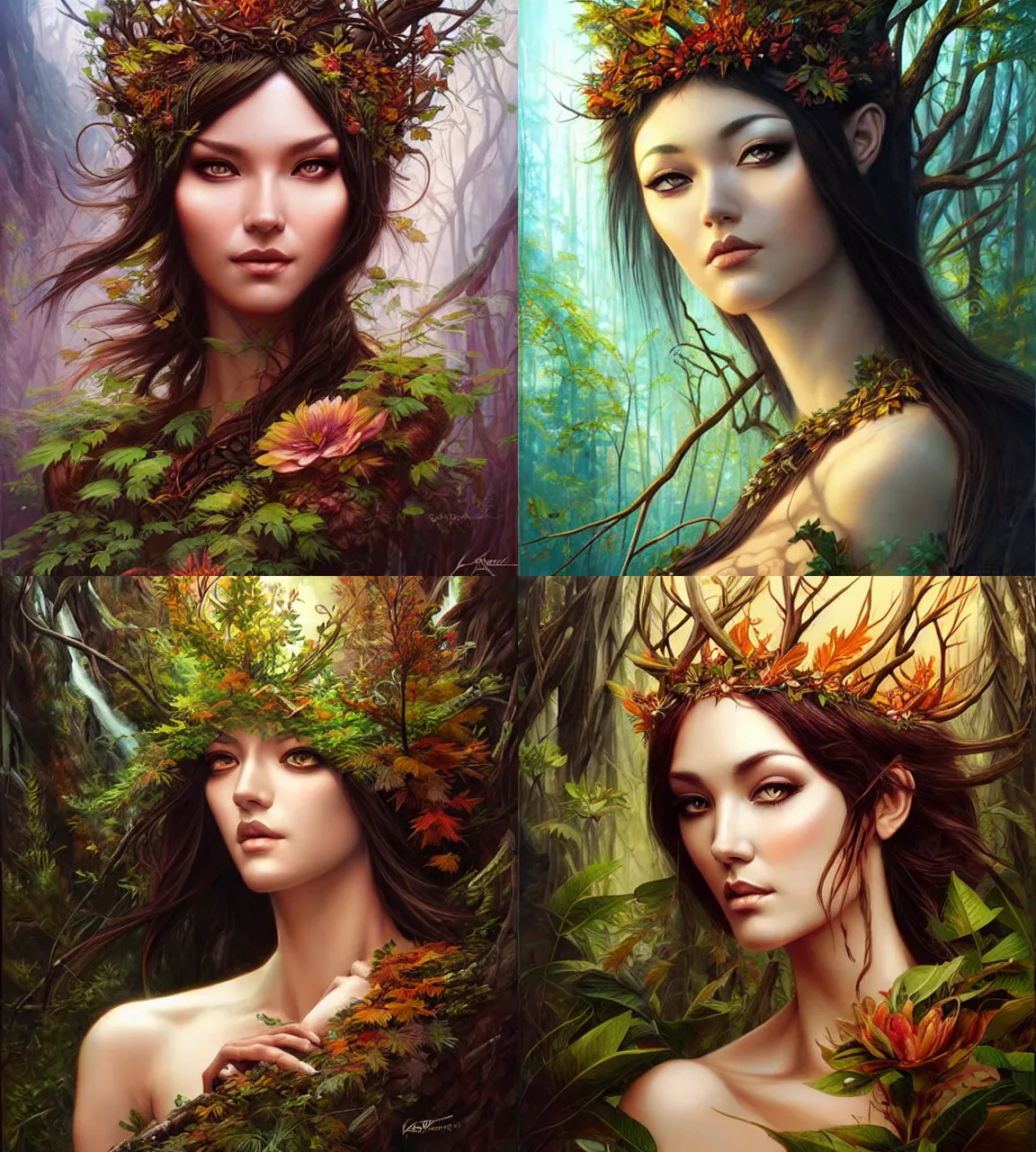 Prompt: goddess of the forest, drawn by artgerm, digital artwork by karol bak and rhads