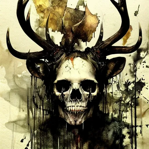 Image similar to lehsen with deer skull deer antlers by emil melmoth zdzislaw belsinki craig mullins yoji shinkawa realistic render ominous detailed photo atmospheric by jeremy mann francis bacon and agnes cecile ink drips paint smears digital glitches glitchart