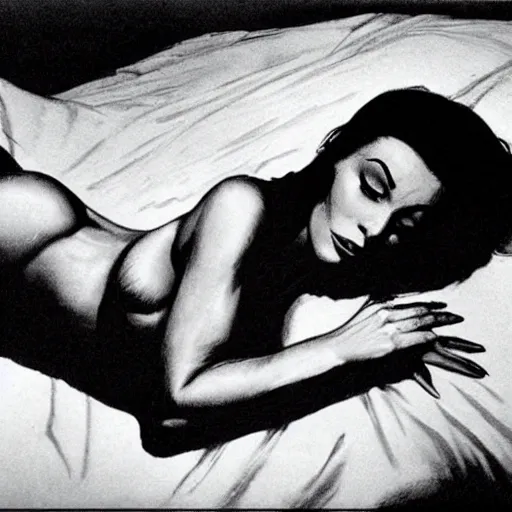 Prompt: playful by neal adams. a body art of a woman reclining on a bed.