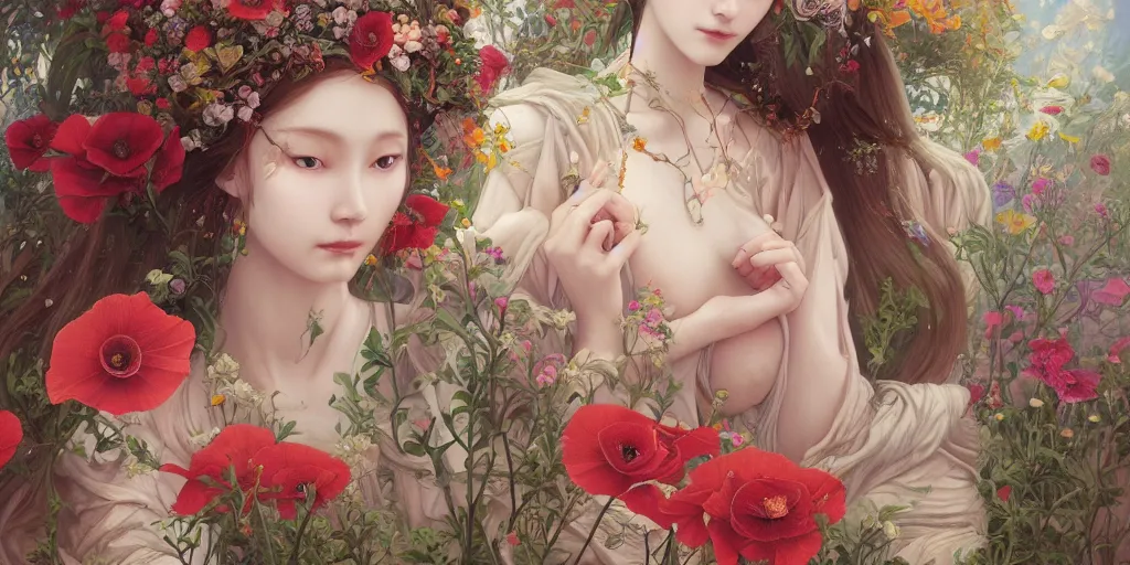 Image similar to breathtaking detailed concept art painting of the goddess of poppy flowers, orthodox saint, with anxious, piercing eyes, ornate background, amalgamation of leaves and flowers, by hsiao - ron cheng and john james audubon and miho hirano, extremely moody lighting, 8 k