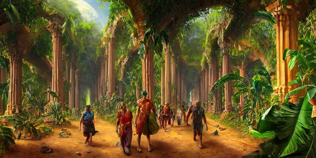 Prompt: through the vibrant umbrage fly the archways and buttresses of the monuments above the catacombs of the eaters of earth, surrounded by banana groves, matte oil painting, science fantasy, retrofuturism, sharp focus, extremely detailed, 4 k